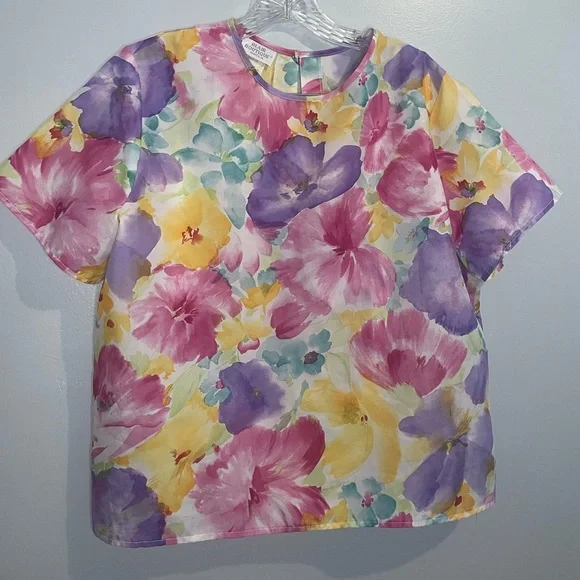 Vintage Blair Women’s Blouse Bold Floral Bright Short Sleeve Top Size 16 L XL - Picture 8 of 16